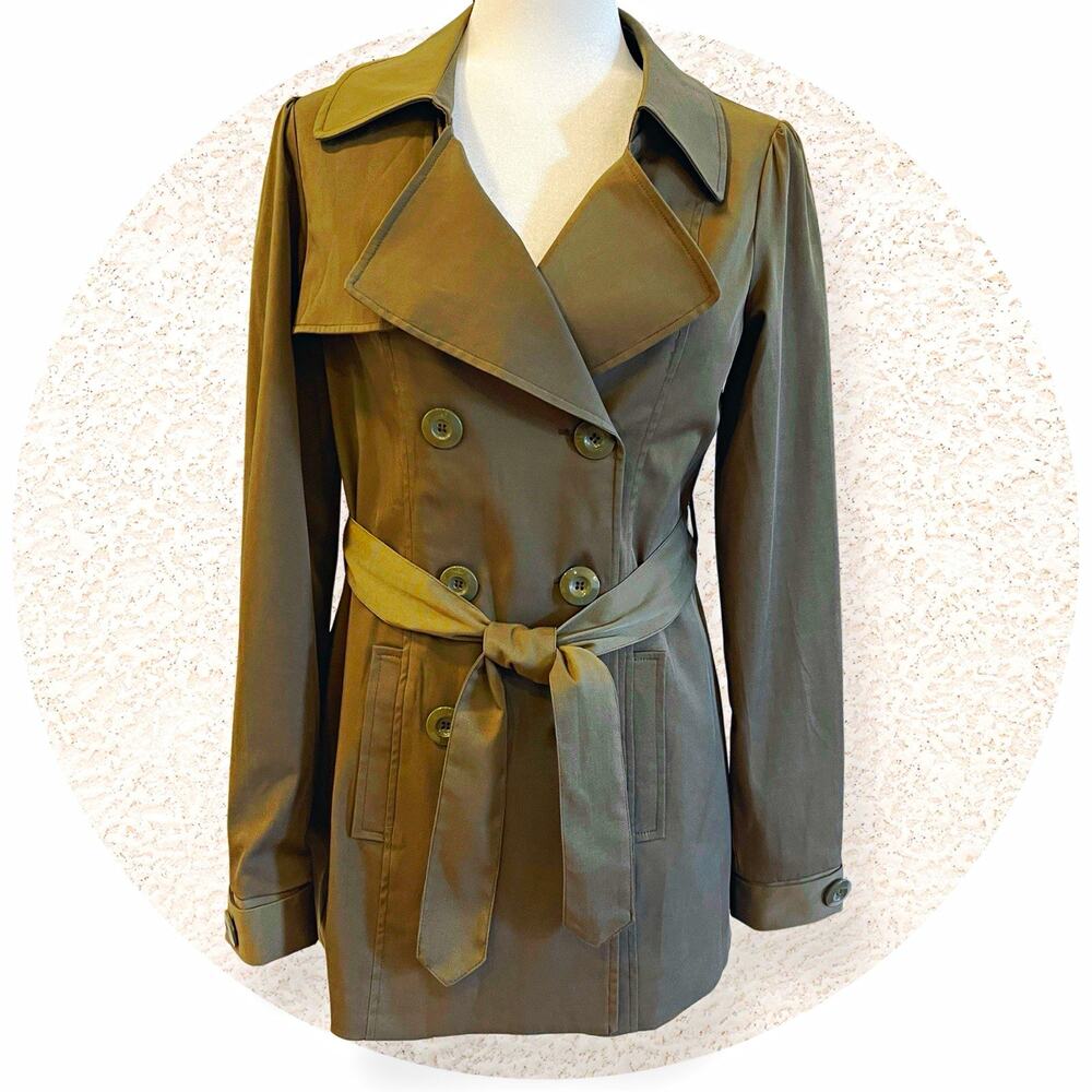 New Vertigo Paris Classic Khaki Double Breasted Belted Trench Coat Camo Lining S